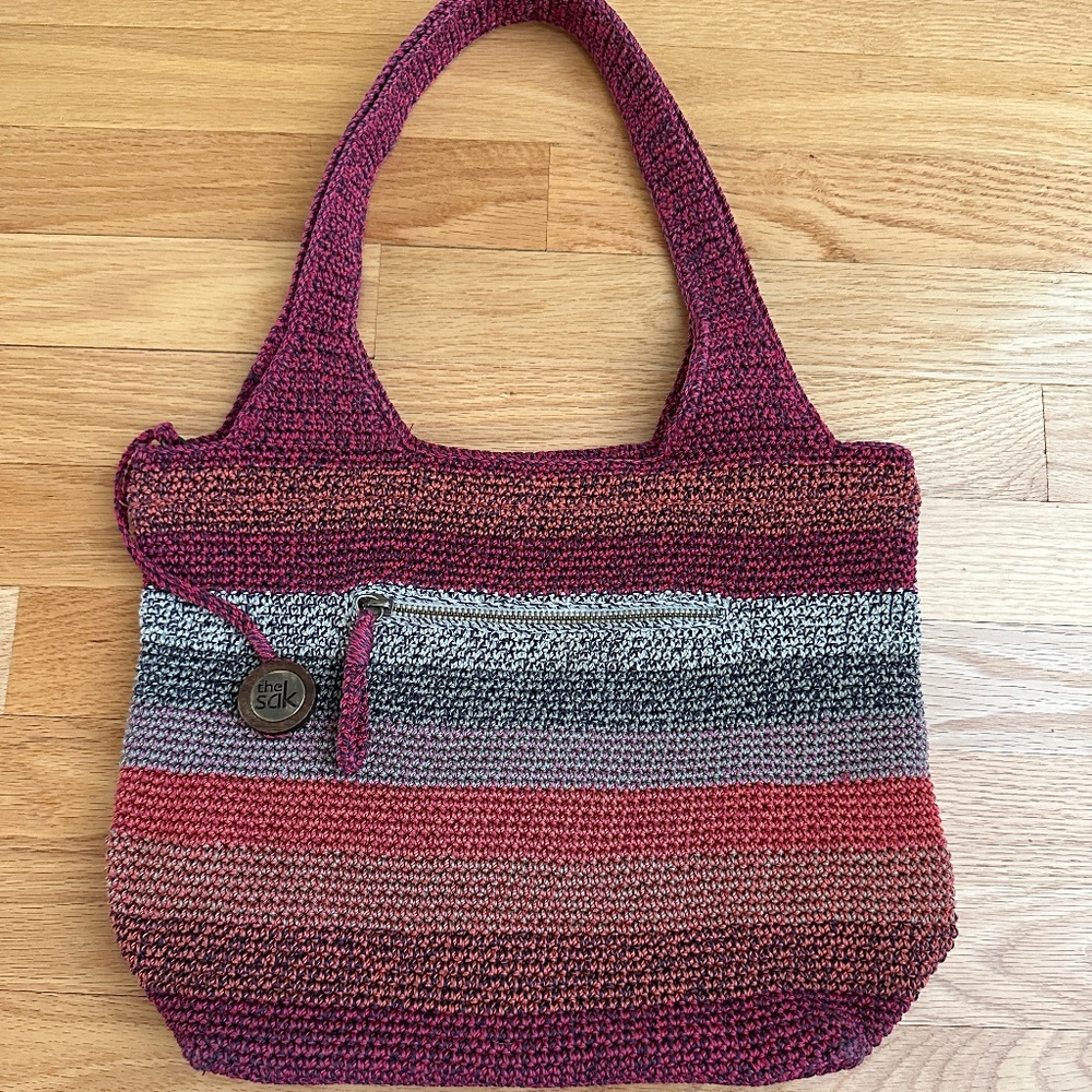 The Sak Crochet Bag Shoulder Hobo Bag Red Orange Gray